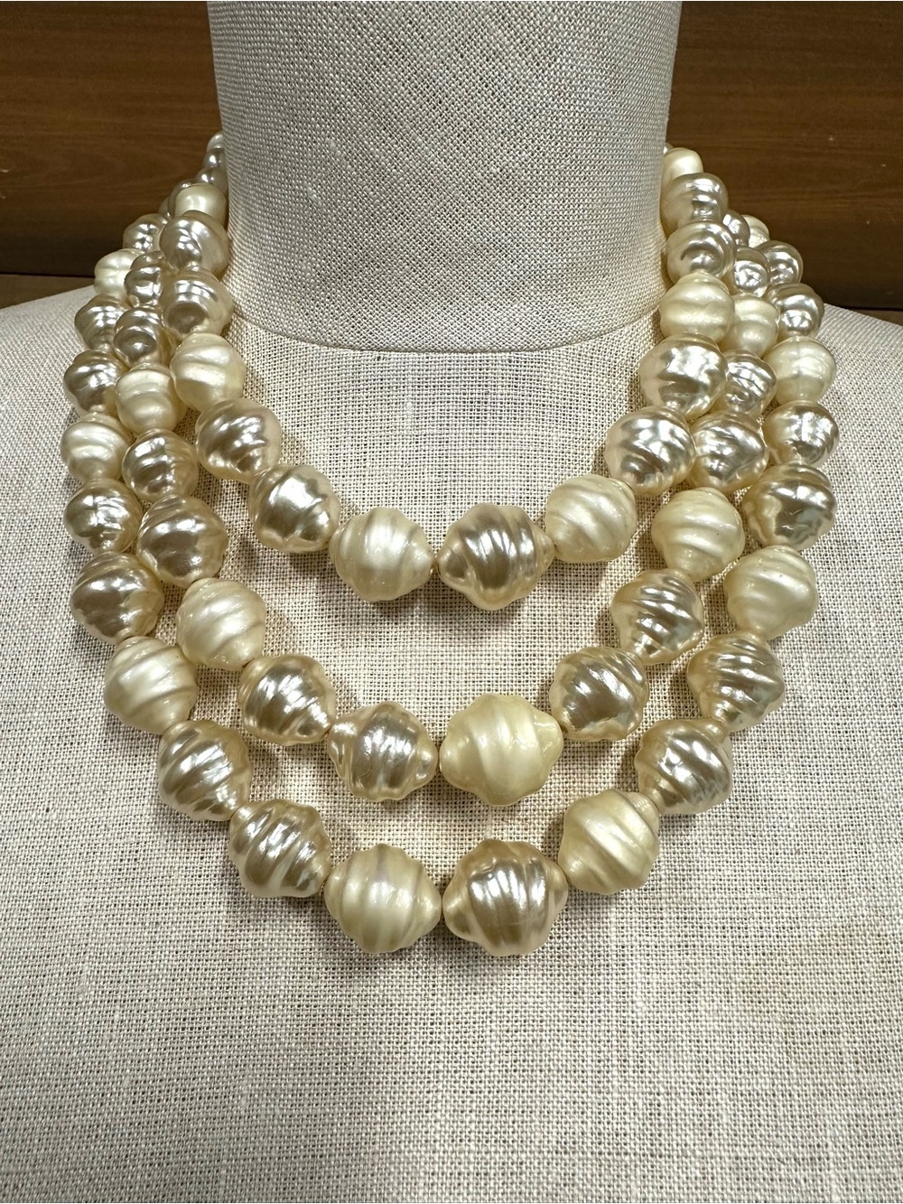 Vintage Triple Strand Faux Pearl Necklace Cream Textured Statement Gold Clasp